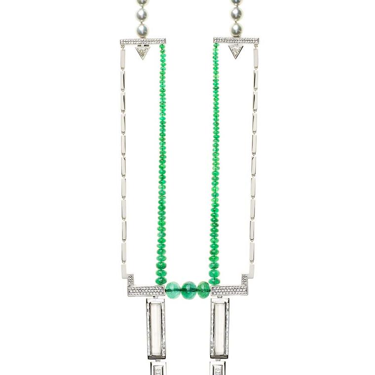 With obvious art deco references, the graduated emerald beads in Nikos Koulis's new Line necklace perfectly encapsulate the intricate craftsmanship and quality of gems used throughout the new Universe line.